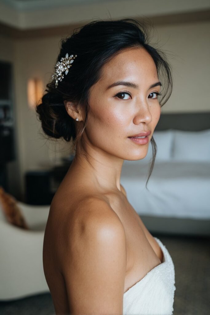 Bride in her 20s featuring an elegant chignon wedding hairstyle accented by a jeweled comb in a luxurious indoor bridal suite.