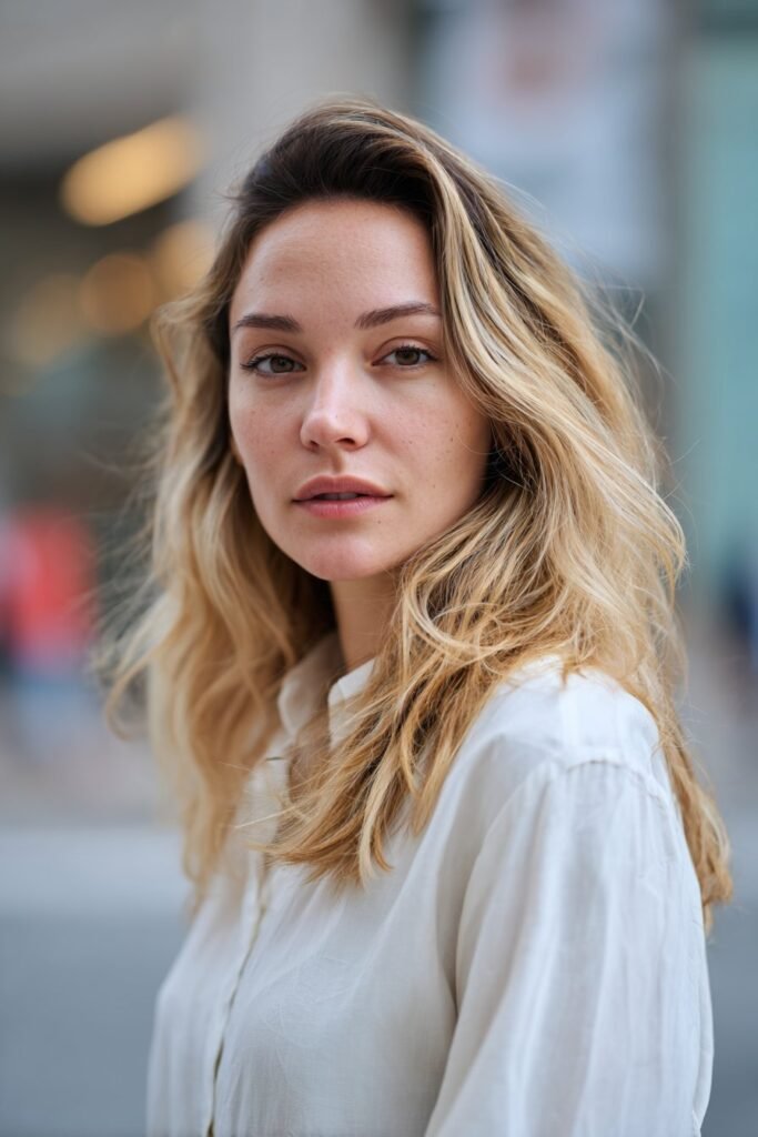 Young woman featuring buttery blonde hair with face-framing highlights, brighter strands photographed on a softly blurred city street.