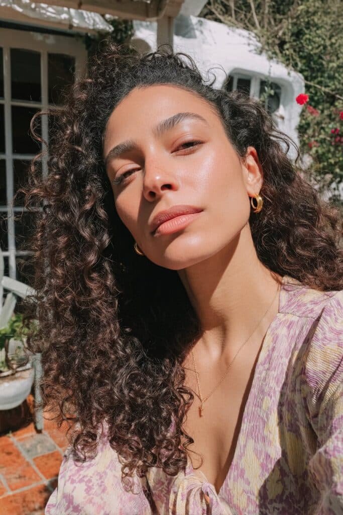 Young woman in her 20s with fine thin curly hair with face-framing layers, pastel blouse, relaxing on a sunlit garden patio.