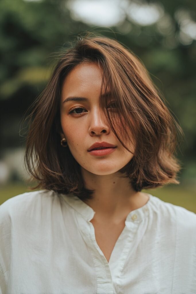 Young woman in her 20s with fine thin hair styled in a long choppy bob with face-framing layers, soft look, light blouse, green public park.