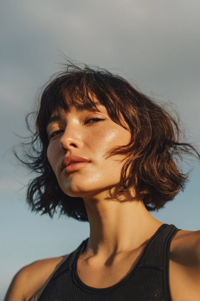 Thin fine hair styled into a bob with feathered bangs, photographed outdoors under a bright cloudy sky.