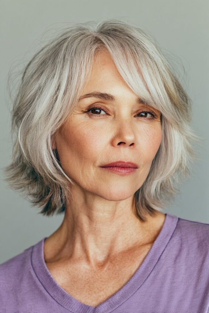 A woman over 50 wearing a feathered bob shag hairstyle posing photographed indoors in an art gallery with softly blurred background.