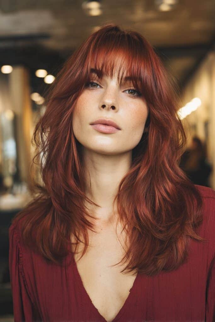 Front-facing chest-up portrait of a woman in her 20s with feathered cherry red layers and soft bangs, highlighting airy movement and vibrant color in a boutique salon interior.