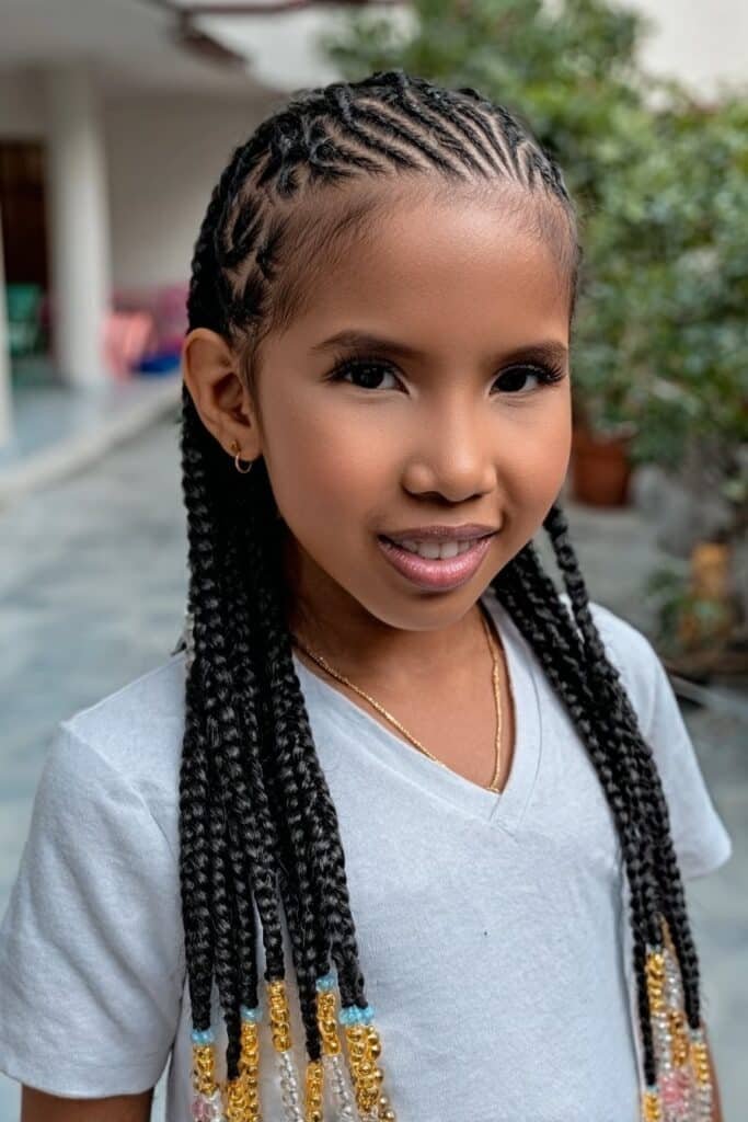 Little girl styled with feed-in braids finished with beads attached to the braid ends in a school playground.