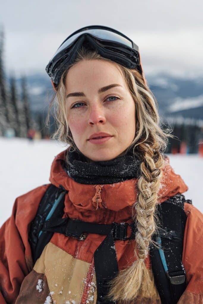 Snowboarding hairstyle featuring a fishtail braid ponytail on a woman in her 20s, photographed from the front with a snowy trail and distant mountains.