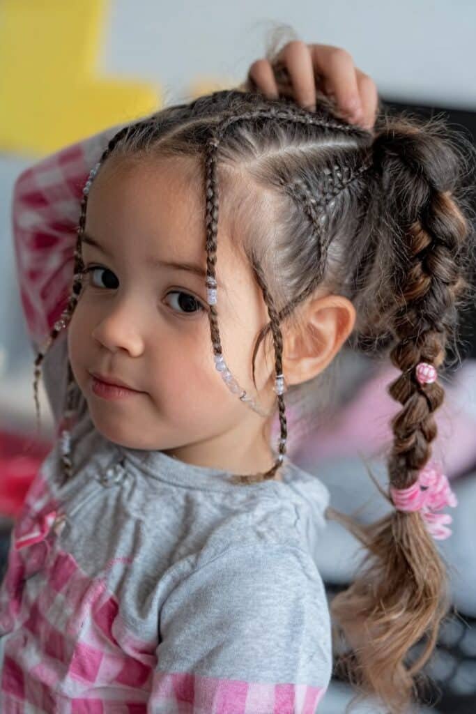 Toddler girl showcasing a freestyle braided ponytail with beads in a bright indoor kids studio.