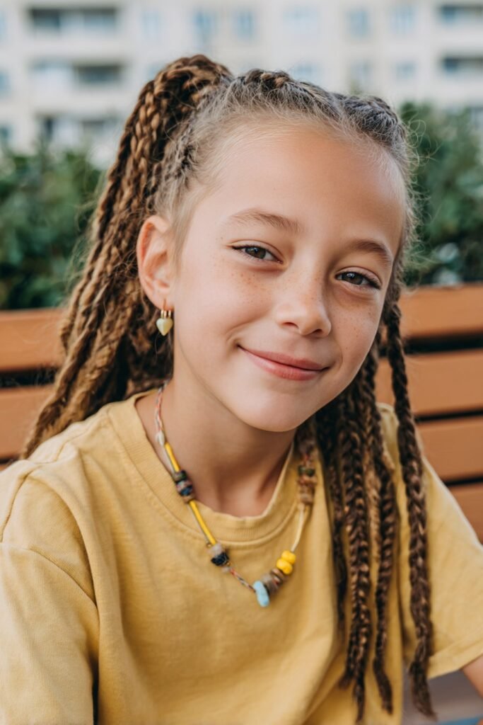 Freestyle single ponytail braid with clear beads on a toddler girl, casual home background, warm indoor lighting, natural playful vibe