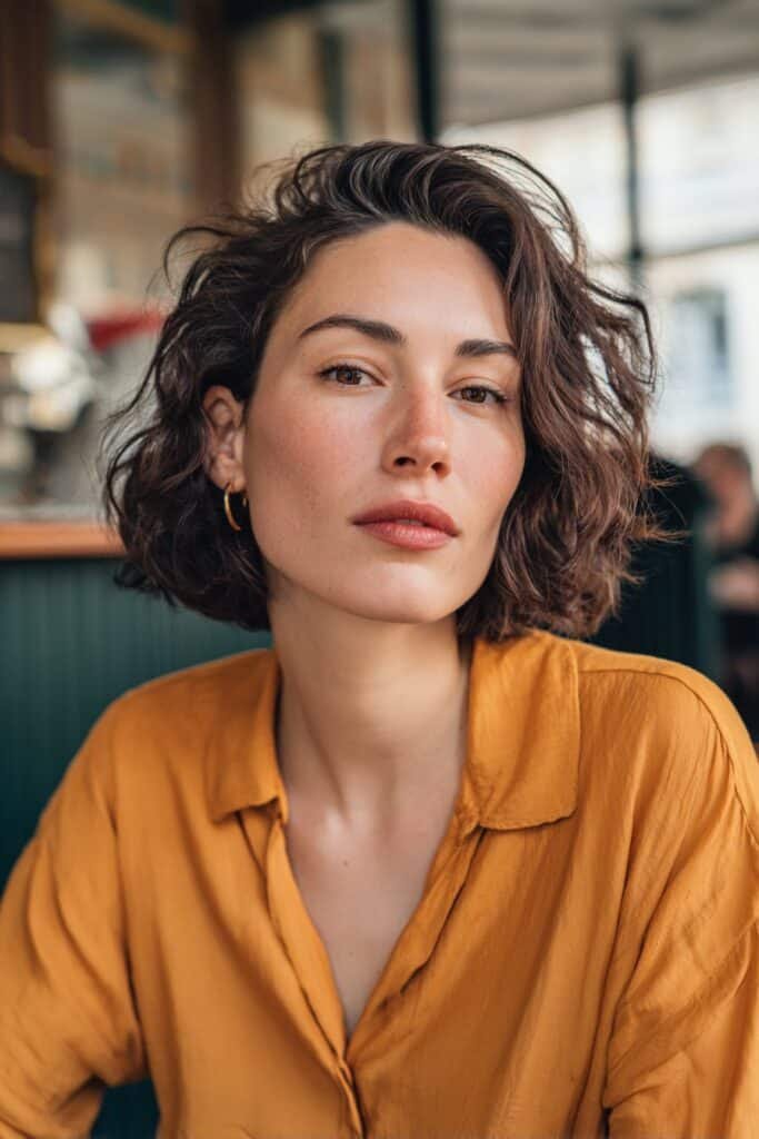 A classic French bob on thin fine hair, photographed in a warm vintage-style café interior.