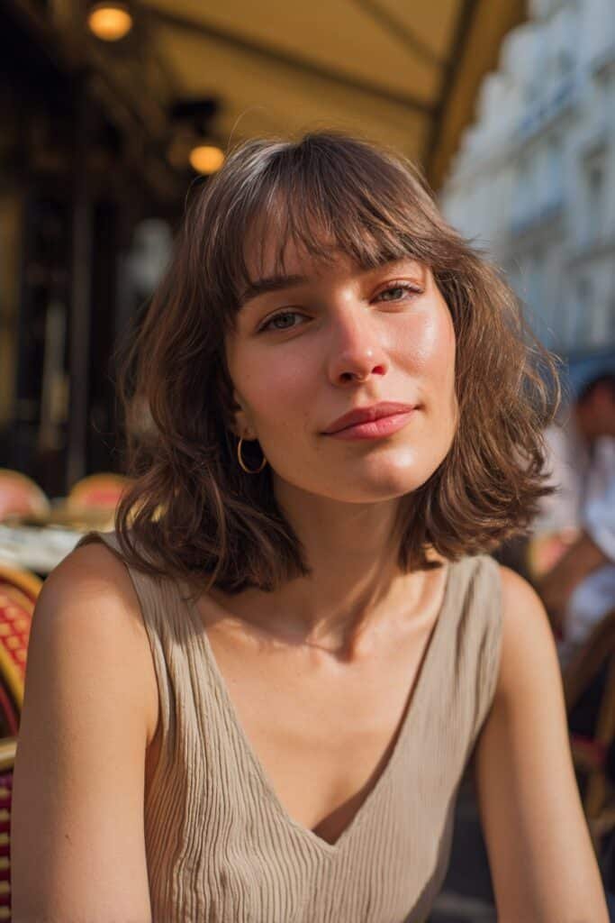 Young woman with thin fine wavy hair styled in a French bob with short bangs, sitting near an outdoor European-style café.