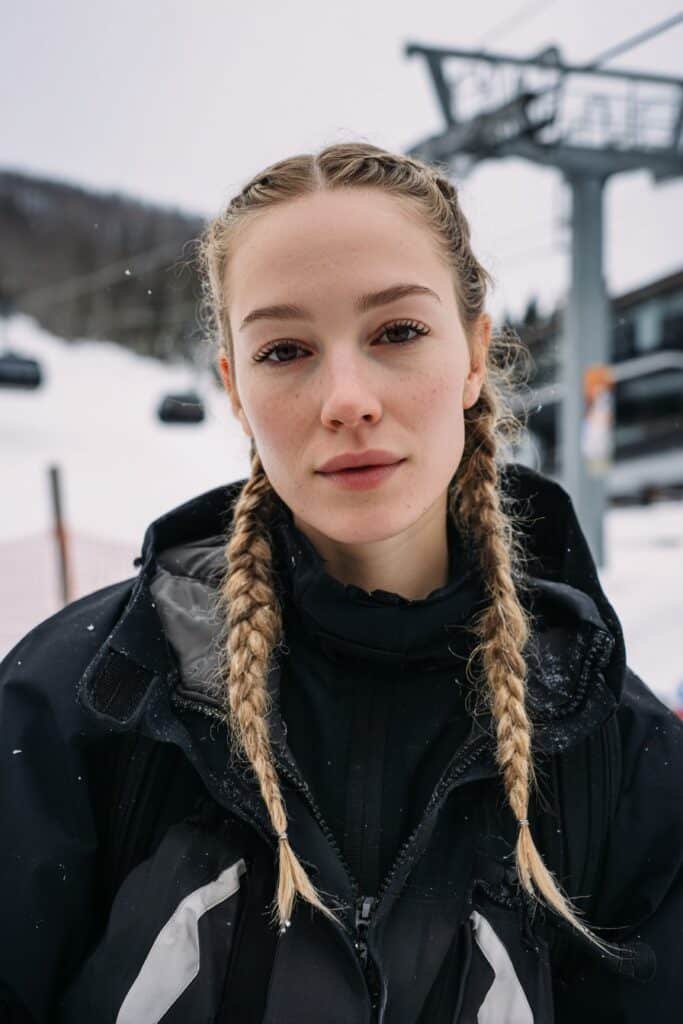 Chest-up snowboarding hairstyle showing French braid pigtails on a woman in her 20s, styled symmetrically with a ski lift station in the background.