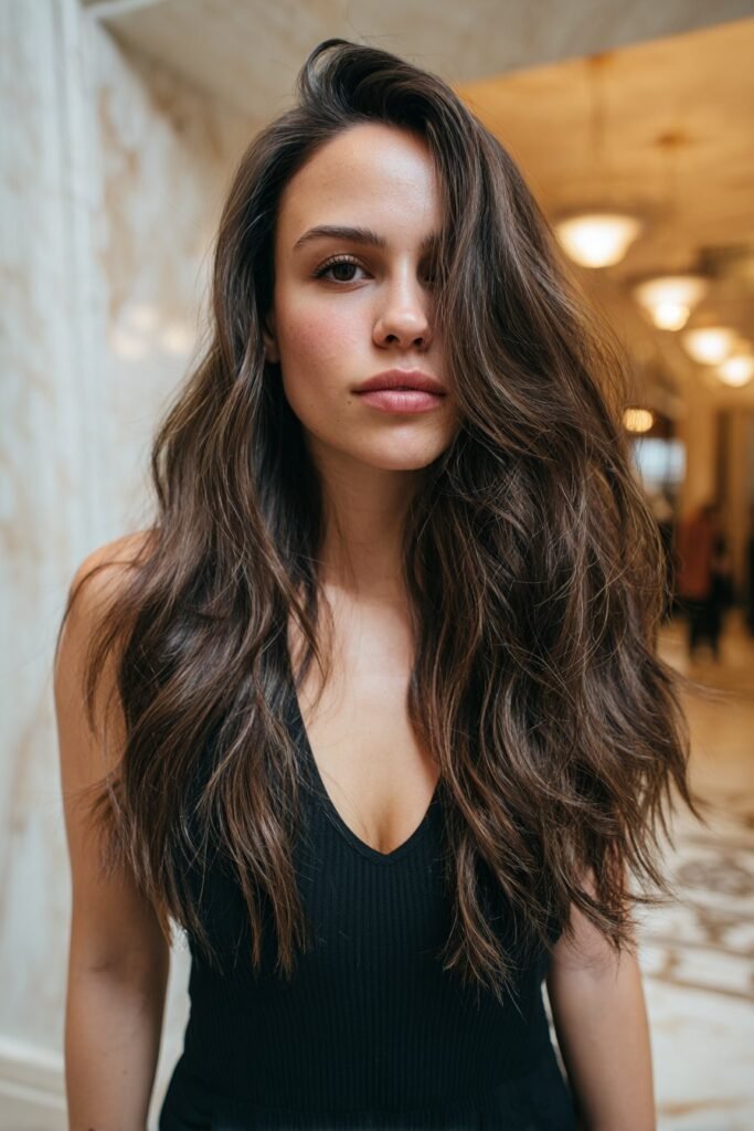 Woman in her 20s with frosted espresso brunette hair, cool-toned highlights adding dimension in a sleek marble interior.