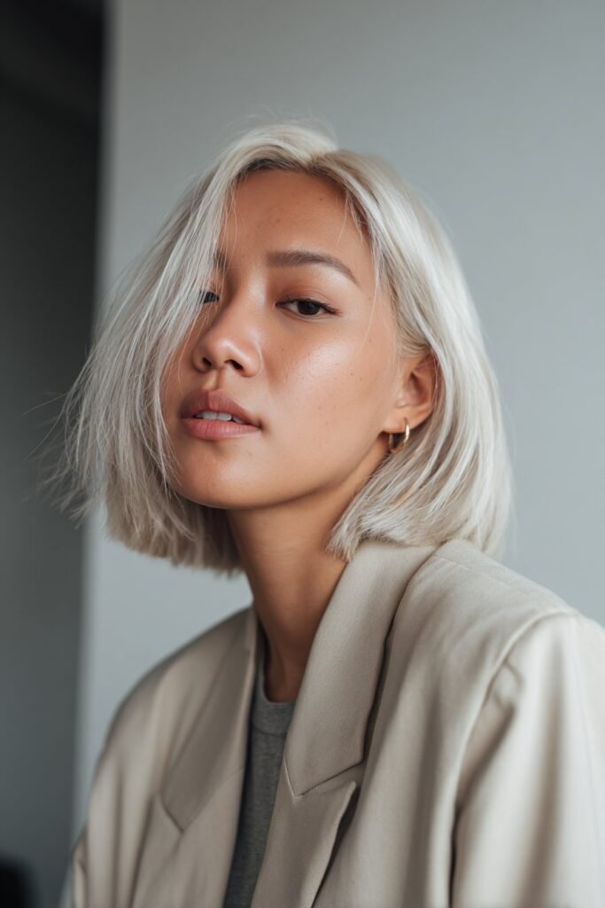 Woman in her 20s with a frosted pearl blonde bob, polished icy tones photographed inside a contemporary art gallery.