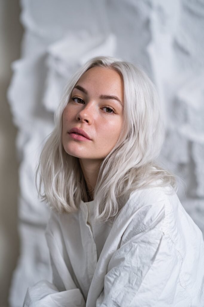 Woman in her 20s with frosted platinum blonde hair, ultra-icy finish photographed in a textured white editorial studio.