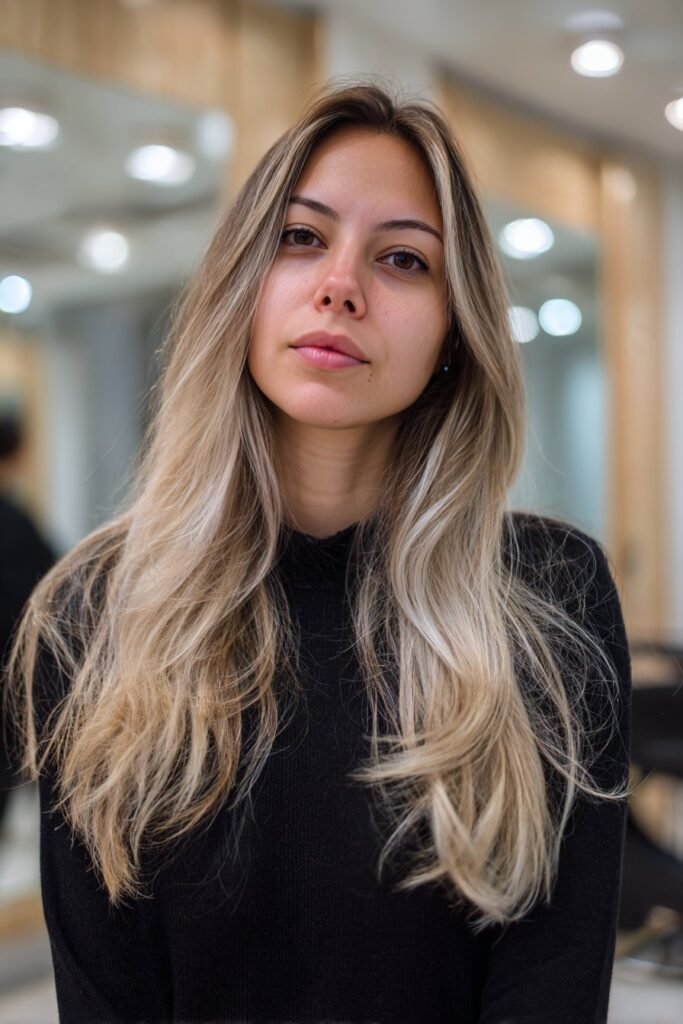 Woman in her 20s with glacial blonde balayage, ultra-cool icy blonde blend photographed in a luxury salon with floor mirrors.