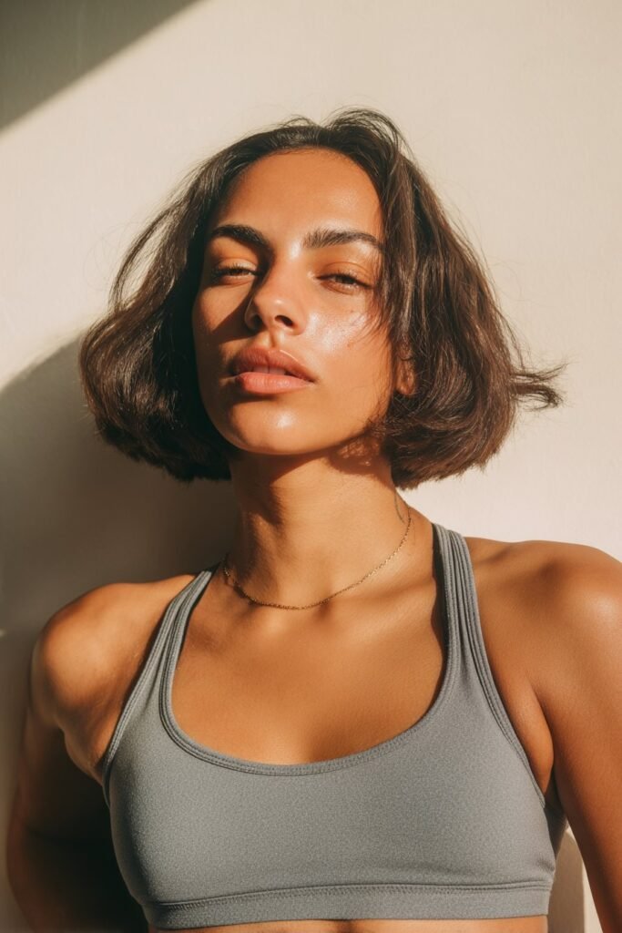 A glossy blunt bob on thin fine hair, shot against a minimalist cream studio wall with soft window-light shadows.