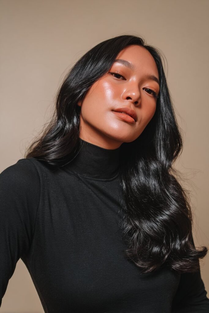 Woman in her 20s wearing a black turtleneck with glossy, smooth waves cascading over her shoulders against a neutral studio backdrop.