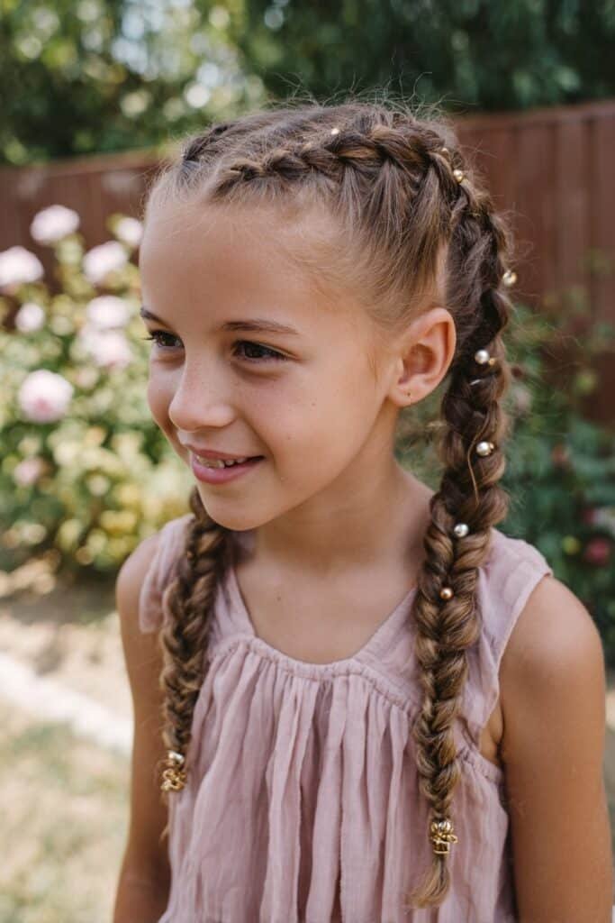 Goddess braids with beads on a little girl, gold beads, pastel party background, soft lighting, happy childhood mood