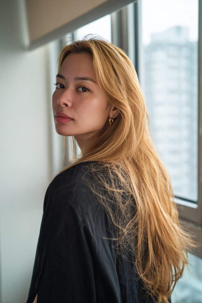 Woman in her 20s glancing over her shoulder to display golden beige blonde hair with layered depth inside a modern apartment.