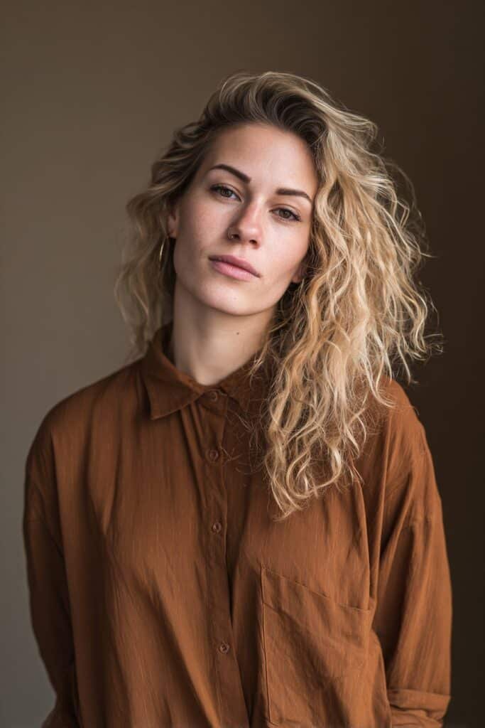 Woman in her 20s with golden blonde twilighting technique, showing dimensional highlights and lowlights in a warm studio scene.