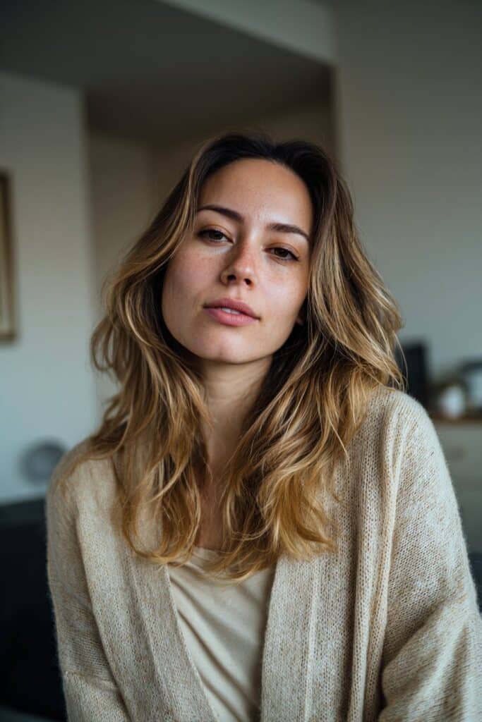 Young woman showcasing golden blonde highlights on brown hair, styled naturally in a softly lit indoor setting.