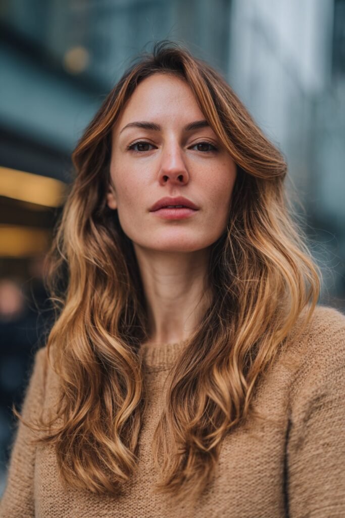 Woman in her 20s displaying golden bronde hair that blends brunette and blonde tones, photographed on a modern city street.