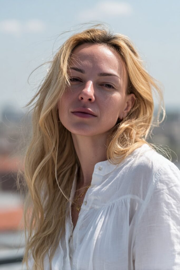 Young woman showcasing golden butter blonde hair, radiant sun-kissed warmth photographed on a city rooftop.