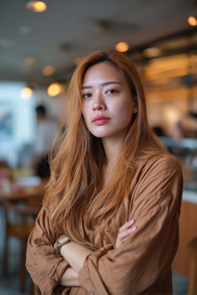 Young woman with golden caramel blonde hair, showing warm blended tones in a cozy indoor café background.