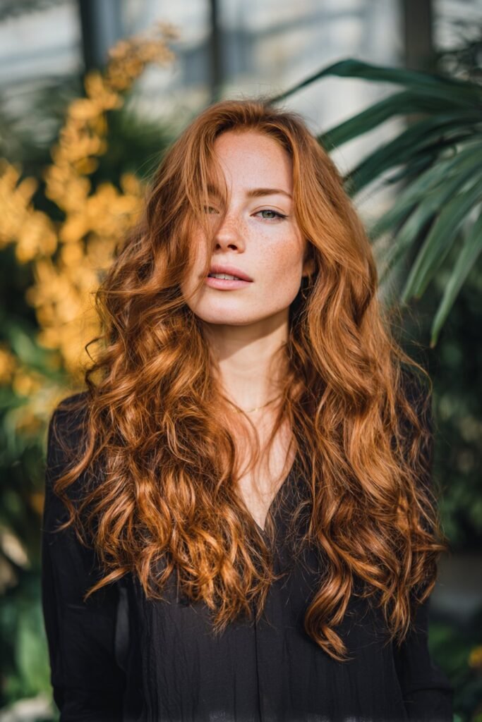 Young woman featuring golden copper hair with warm luminous shine, styled in loose curls in a sunlit winter garden.
