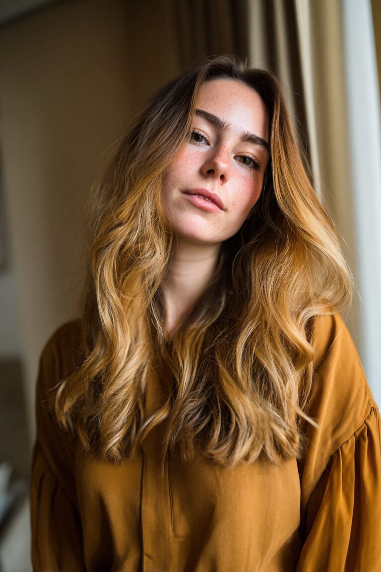 Woman in her 20s with golden honey blonde hair, featuring warm glowing tones captured in a softly sunlit indoor setting.