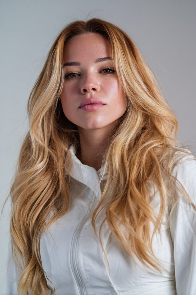 Woman in her 20s with golden platinum blonde hair, featuring light luminous tones in a clean studio portrait.