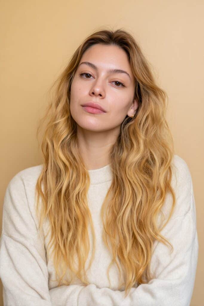 Young woman with golden vanilla blonde hair, showing soft creamy tones in a light-filled neutral studio background.