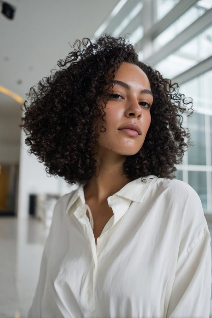 Young woman in her 20s with fine thin curly hair in a graduated curly bob, white shirt, standing in a bright office lobby.