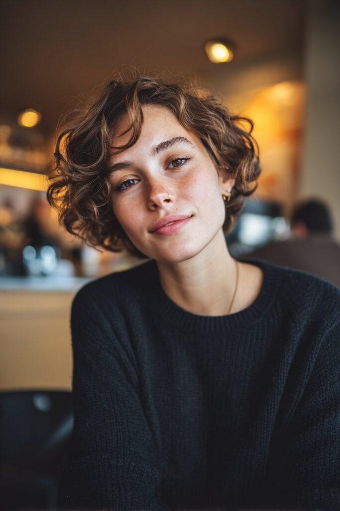 Young woman with thin fine wavy hair styled in a grown-out pixie with volume inside a warm café interior.