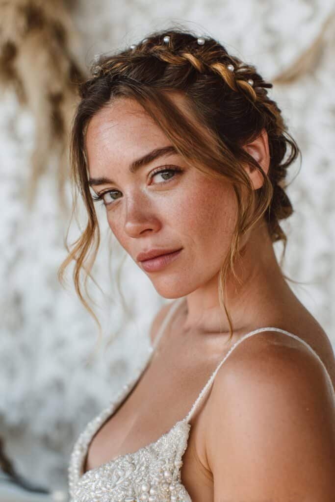 Fine hair styled half-up with a delicate braid decorated with pearls, adding dimension and softness for a romantic wedding style.