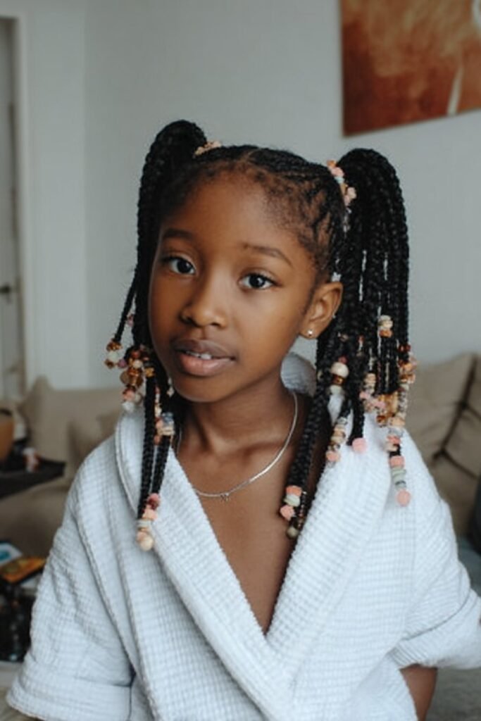 Little girl wearing half-up half-down braids with beads attached to the braided sections in a cozy living room.