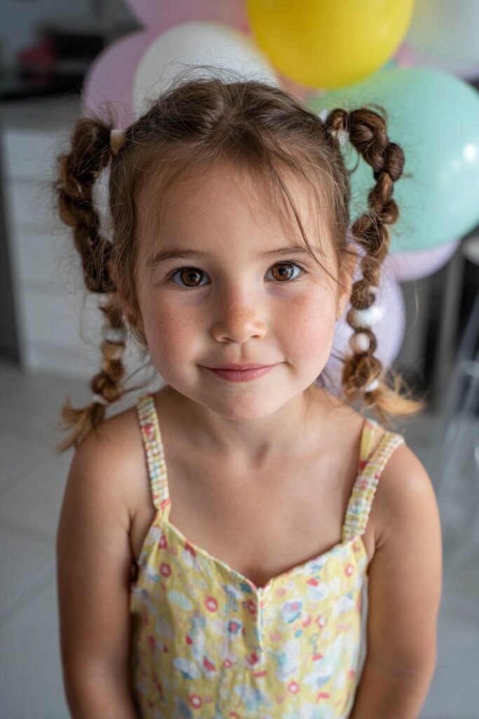 A toddler girl with half-up half-down braids featuring beads, captured in bright birthday-themed lighting with pastel balloons.