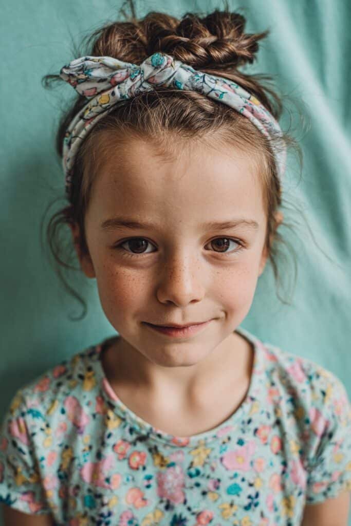 A joyful little girl with a half-up braided crown hairstyle paired with a cute headband, wearing a pastel outfit, smiling in a pastel-themed bedroom with toys and books.