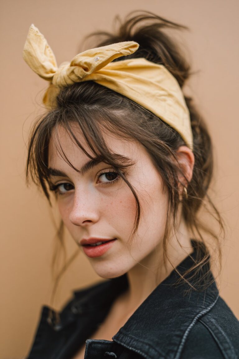 A close-up photo of a young elegant American woman with a half-up ponytail and oversized bow headband – ponytail hairstyles with headband series.