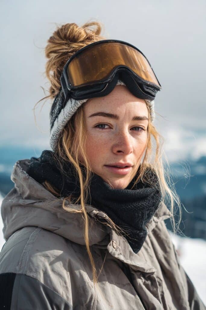 Chest-up winter sports portrait of a woman in her 20s wearing a half-up twisted crown hairstyle, styled for snowboarding with visible twists and a mountain viewpoint background.