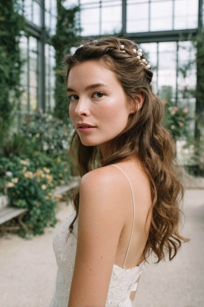 Bride in her 20s showcasing a half-up twisted wedding hairstyle secured with pearl pins, photographed in a bright and airy bridal studio.