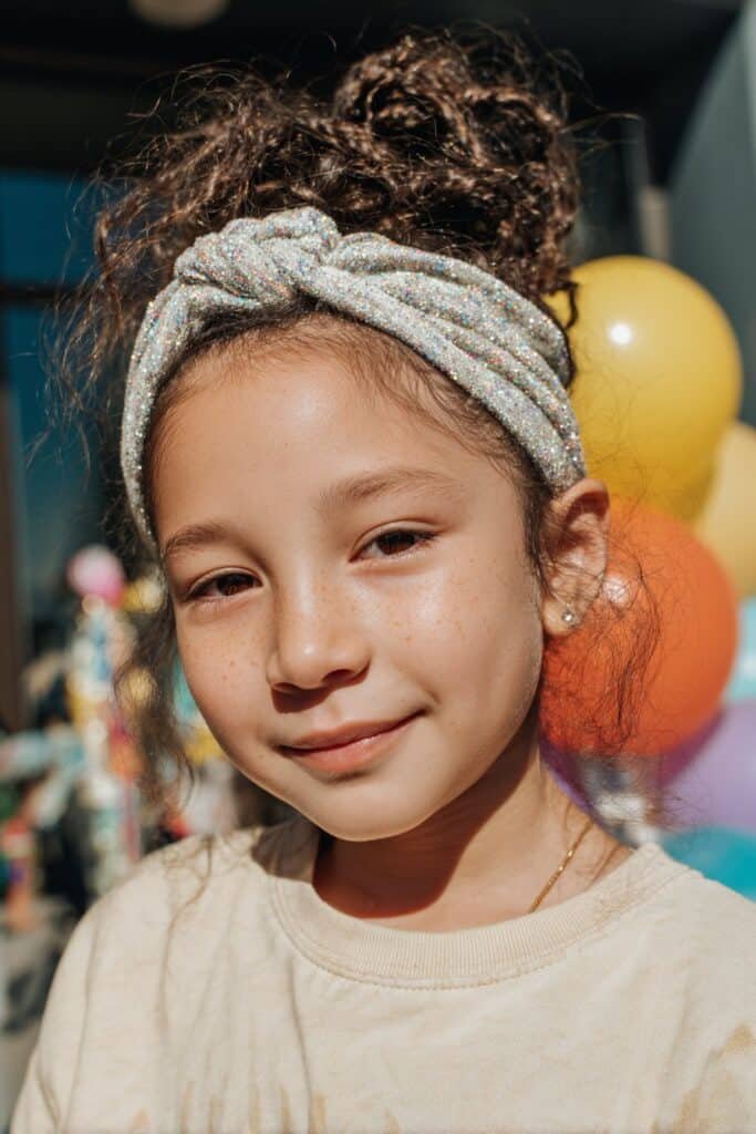 A little girl with half-up twists adorned with a glittery headband, wearing a sparkly pink outfit, smiling in a birthday party setting with balloons and decorations.