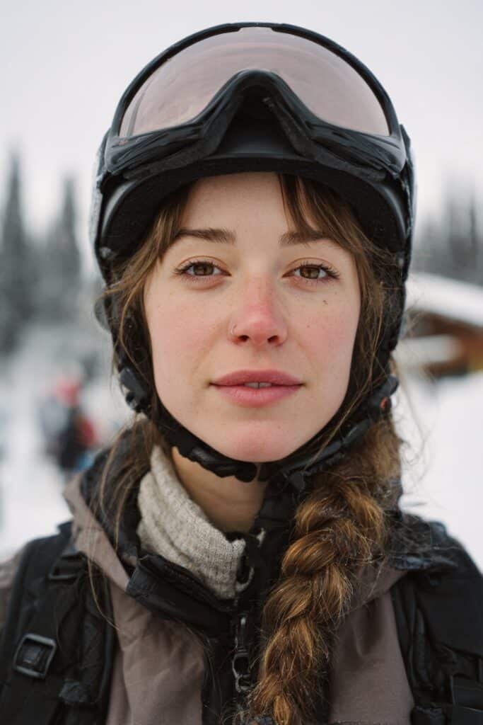 Front-view portrait of a woman in her 20s wearing a ski helmet with a half-up braid and bangs visible, a balanced ski hairstyle with soft framing.
