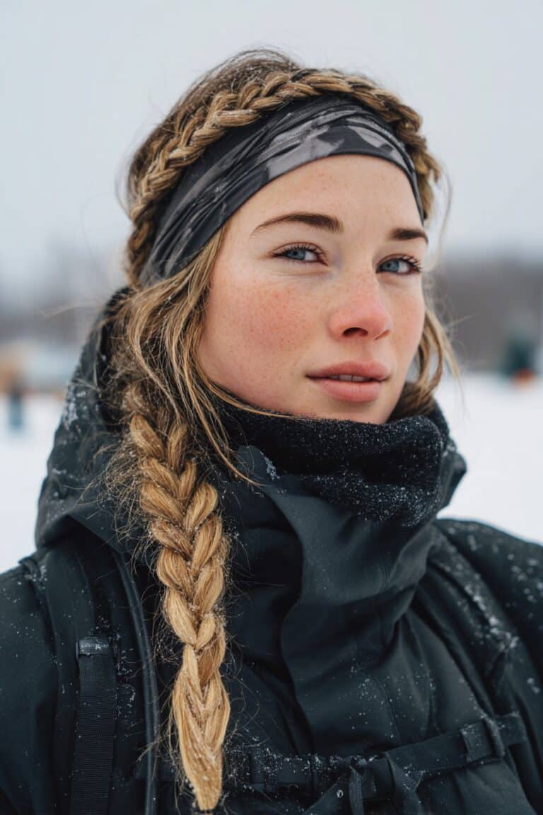 Snowboarding hairstyle featuring headband braids across the front hairline on a woman in her 20s, captured chest-up against a frozen lake winter backdrop.
