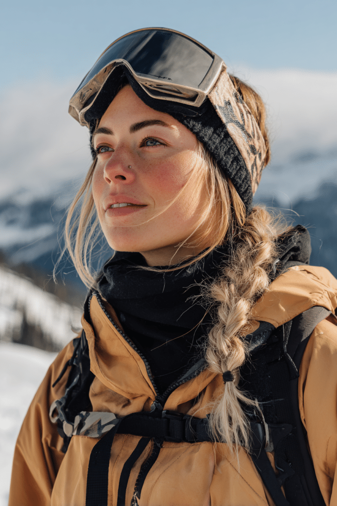 Front-view snowboarding hairstyle of a woman in her early 20s wearing a braided headband paired with a low ponytail, framed by a panoramic snowy mountain overlook.