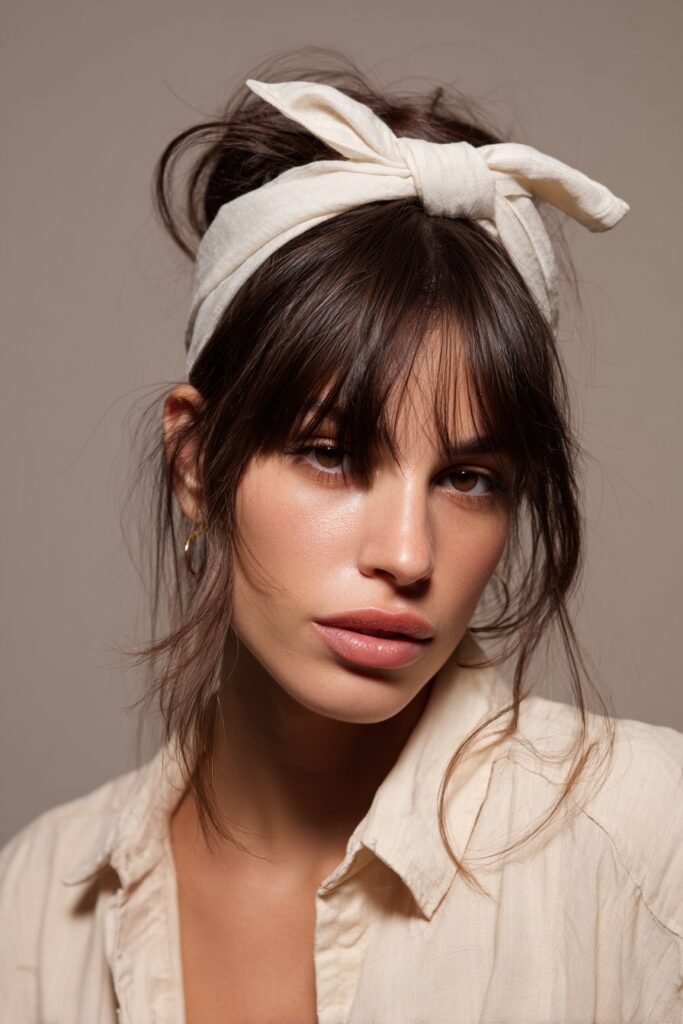 A close-up photo of a young elegant American woman with tousled bangs fixed by a thick fabric headband for bad hair days, featuring realistic hair texture under soft natural lighting, subtle makeup, warm skin tone, confident expression, fully clothed in a chic outfit, in an Instagram-style beauty shot – headband with bangs series.