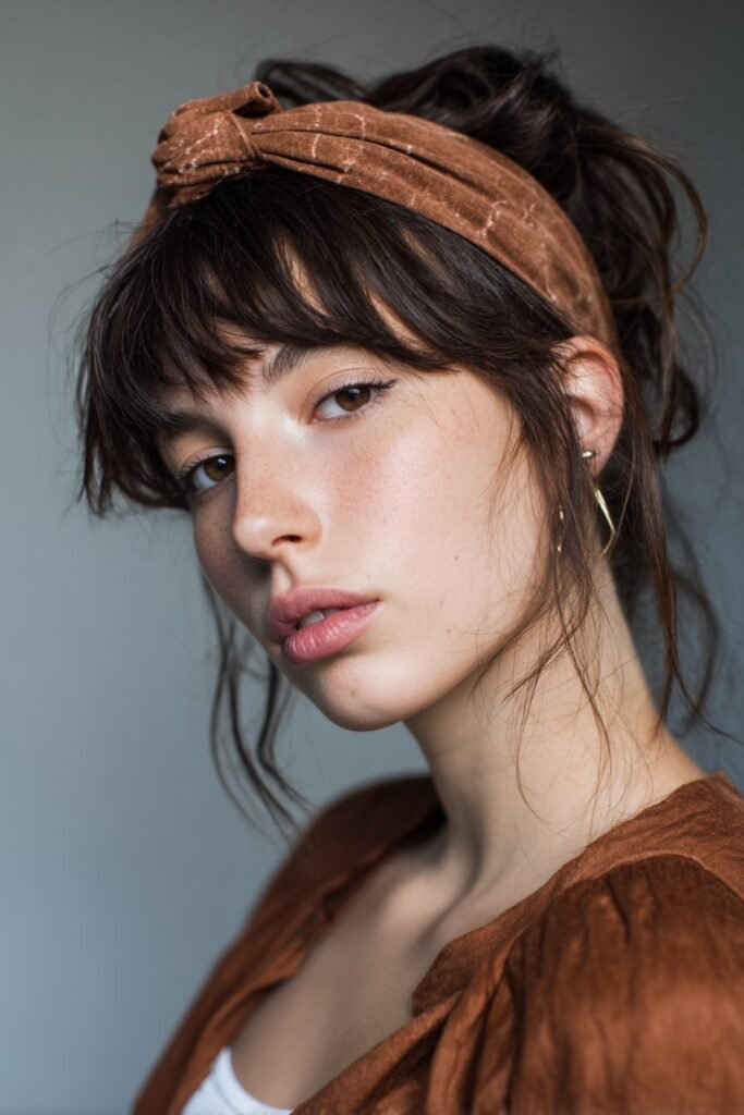 A close-up photo of a young elegant American woman with choppy bangs and a distressed leather headband for grunge vibes, featuring realistic hair texture under soft natural lighting, subtle makeup, warm skin tone, confident expression, fully clothed in a chic outfit, in an Instagram-style beauty shot – headband with bangs series.