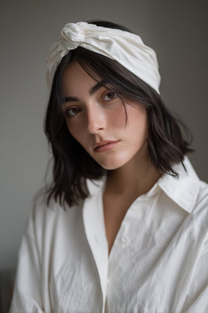 A close-up photo of a young elegant American woman with grown-out bangs discreetly tucked under a wide headband, featuring realistic hair texture under soft natural lighting, subtle makeup, warm skin tone, confident expression, fully clothed in a chic outfit, in an Instagram-style beauty shot – headband with bangs series.