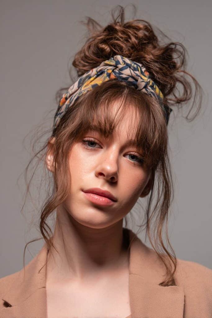 A close-up photo of a young elegant American woman with loose bangs and a messy bun tied with a knotted headband, featuring realistic hair texture under soft natural lighting, subtle makeup, warm skin tone, confident expression, fully clothed in a chic outfit, in an Instagram-style beauty shot – headband with bangs series.