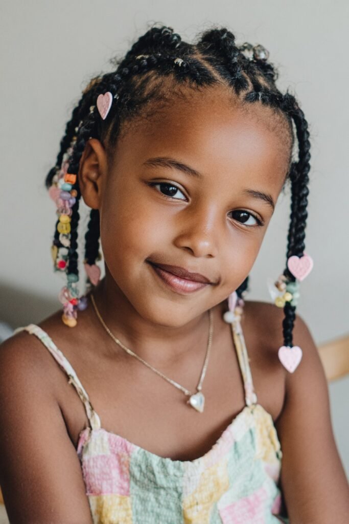 Heart beads braids on a young girl, red and pink heart-shaped beads, outdoor garden background with flowers, soft sunlight, joyful child expression