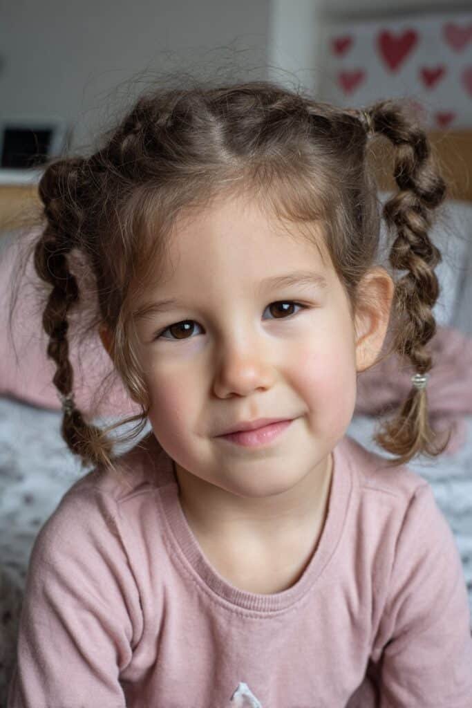 A toddler girl wearing a heart-shaped braided ponytail with tiny beads, shot in a soft pink studio setting.